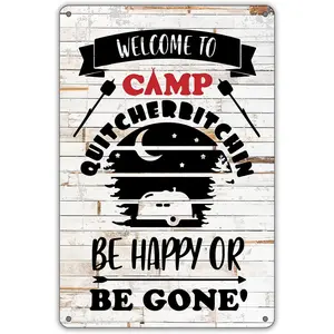 Funny Welcome to Camp Metal Tin Sign Wall Decor Farmhouse Rustic Camping Signs with Sayings for Home Camper Room Decor Gifts (Wooden Style)