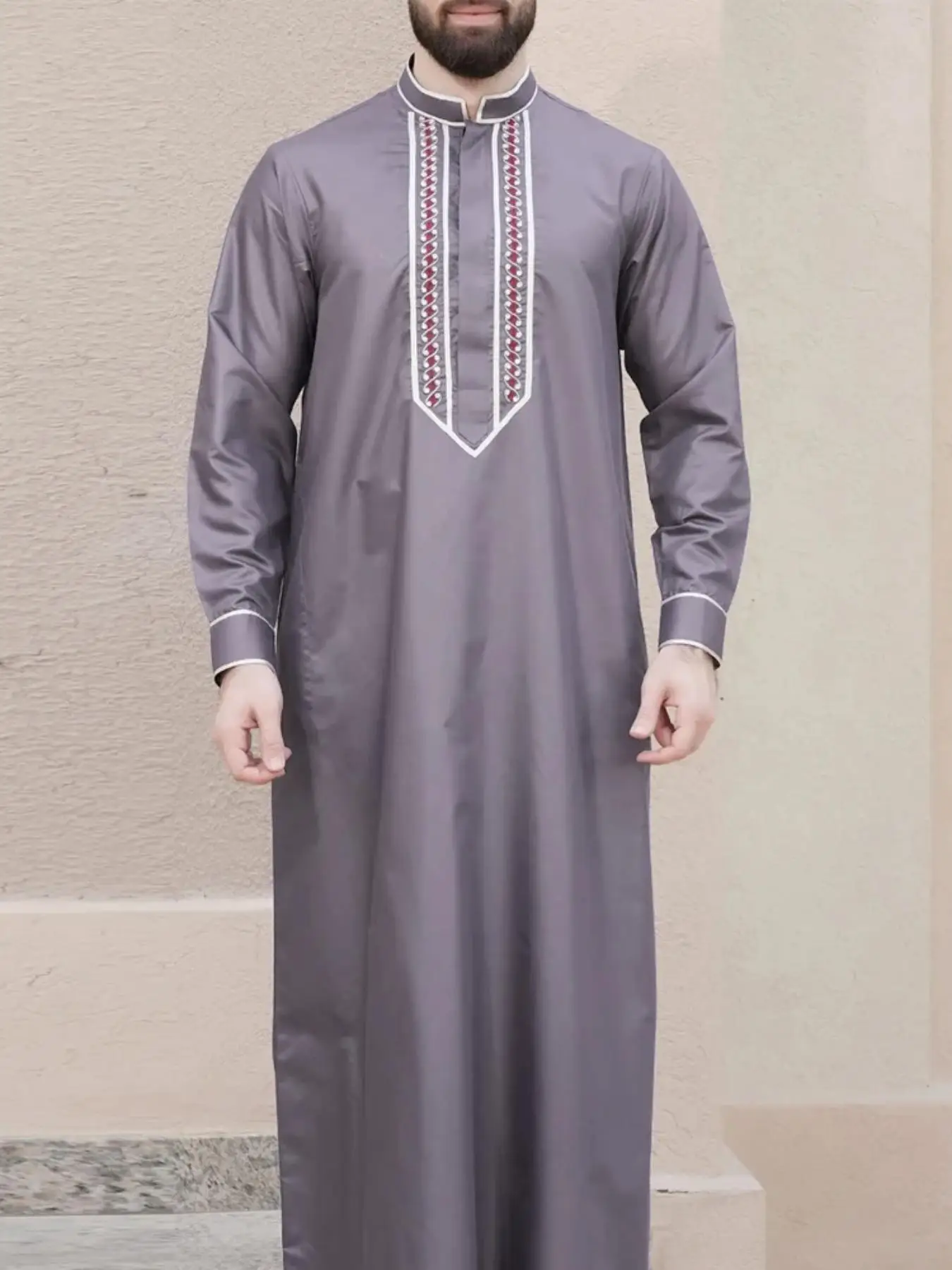Men's Contrast Binding Embroidered Kaftan, Regular Fit Modest Stand Collar Long Sleeve Thobe, Men's Islamic Clothing for Muslim Daily Wear