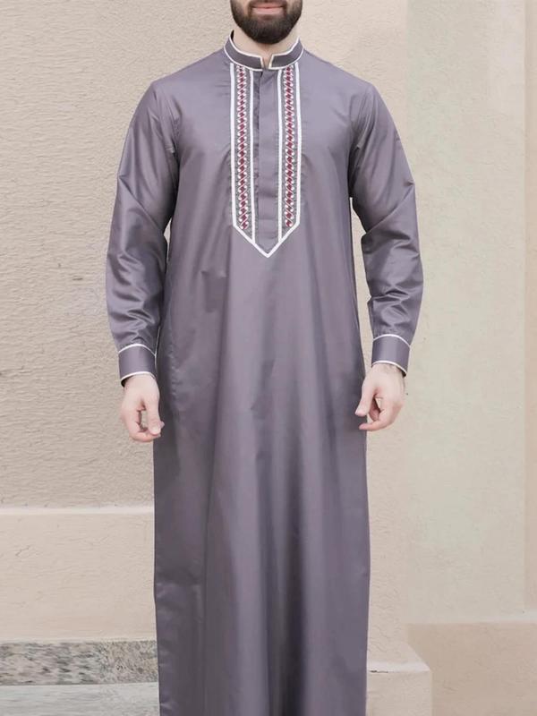 Men's Contrast Binding Embroidered Kaftan, Regular Fit Modest Stand ...