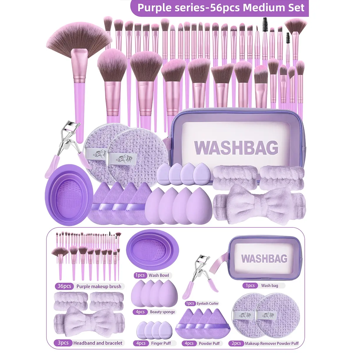 56 Piece Makeup Brush Set, Soft Bristle Powder Brush Blush Eyeshadow Sponge, All-In-One Beauty Tool Kit, Essential Cosmetic Brushes, Makeup Puffs, Makeup Tools Set, Cosmetics Makeup Tool