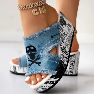 Newspaper Buckled Denim Wedge Slippers Chic Ankle Boots with High Heel & Round Toe Design for Daily Wear Summer Style