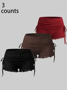 Women's 3-Piece Lace Trim Ruched Shorts Set, Y2K Side Tie High-Waisted Hot Pants, Trendy Sexy Street Style, Perfect for Night Out & Parties