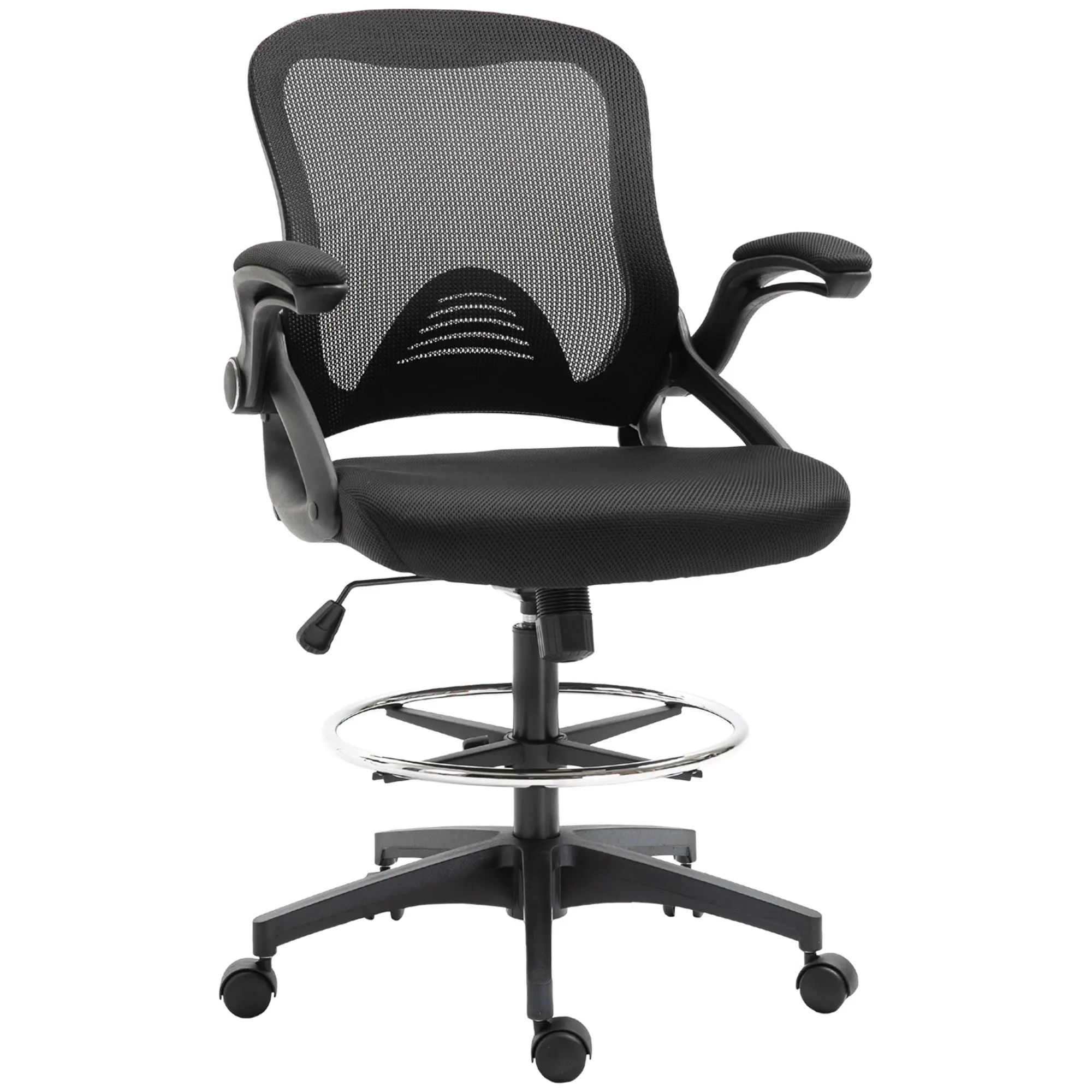 Vinsetto Ergonomic Adjustable Mesh Drafting Chair - Steel Frame Office Furniture with Lumbar Support, Flip-Up Armrests, Footrest Ring, Seat Height Adjustment, 360° Rotating Swivel, Black Adjustable Support Chairs & Stools
