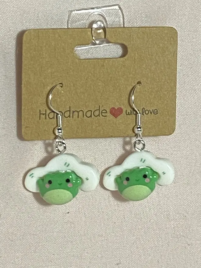 Frog in a Cloud Earrings - Chubby Green Frog Inside Soft White Cloud, Lightweight, Nickel-Free Fishhook Ear Wires, Glossy Sealed Finish