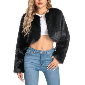 Petite Cropped Fur Coat for Women, Faux Furry Long Sleeve Fluffy Jacket Open Front Winter Shaggy Warm Outwear.