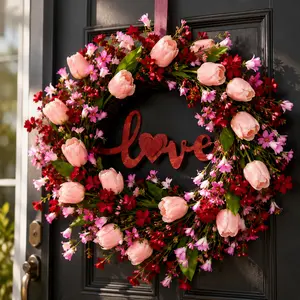 Pink Tulip Love Wreath for Front Door, Romantic Floral Wreath for Valentine's Day, Spring Wall Decor & Farmhouse Entryway Decoration flower faux bouquet artificial colorful