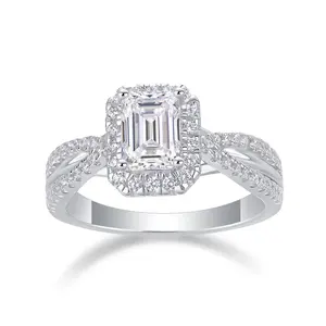 [TW] "Elise" 1ct Emerald Cut Halo Setting Moissanite Ring Twisted Infinite Band Half Iced Out Petite Pave Setting Solid S925 Sterling Silver 18k Platinum Plated Ring VVS1 D Color Perfect Gift For Her Birthday Valentine Propose (R13023)