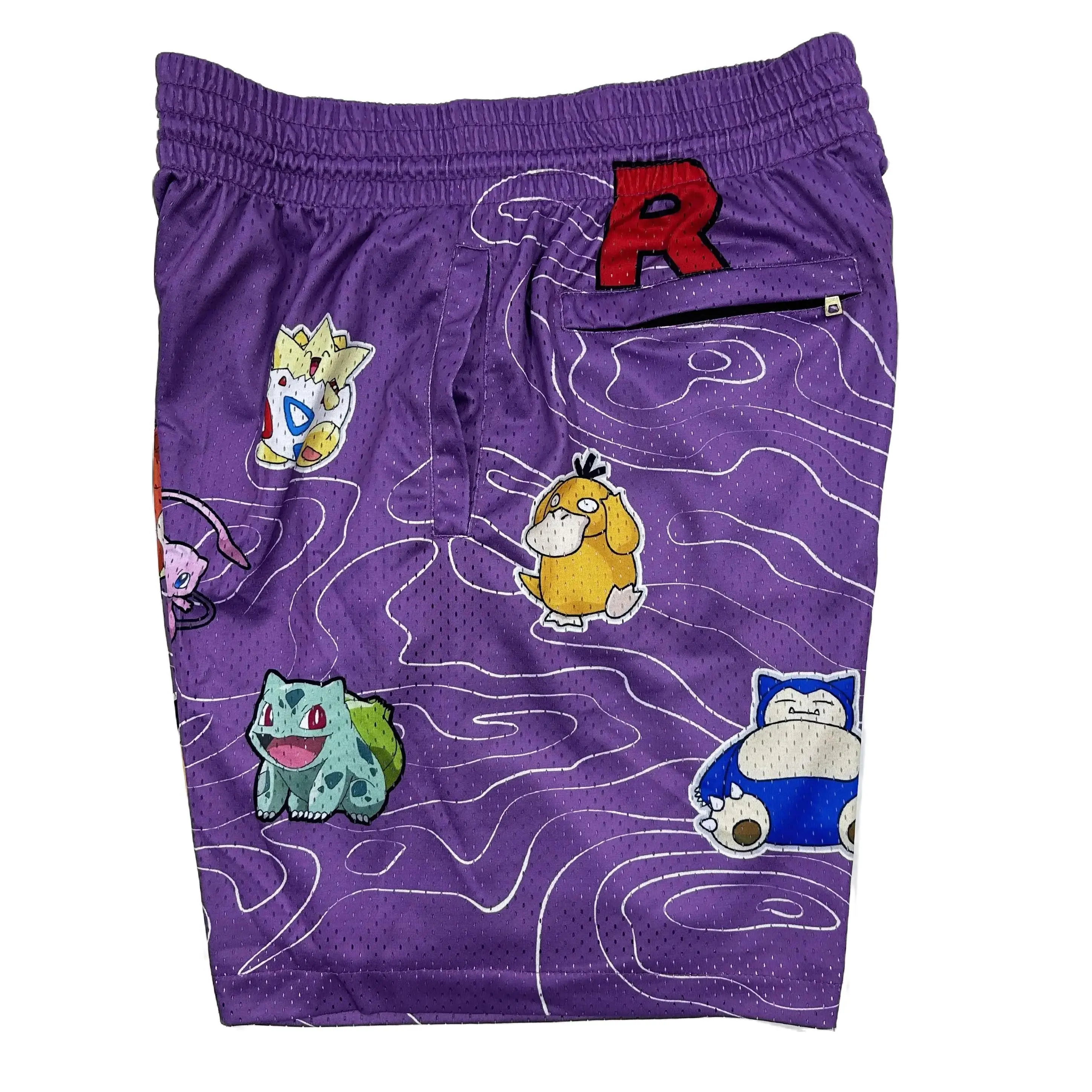 Poke Cute AOP Shorts Purple Unisex Sports Double-Layered Inner Shorts Full Print Drawstring Design Men Women Mesh Basketball Shorts 4 Pockets 5.5 Inseam