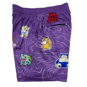 Poke Cute AOP Shorts Purple Unisex Sports Double-Layered Inner Shorts Full Print Drawstring Design Men Women Mesh Basketball Shorts 4 Pockets 5.5 Inseam