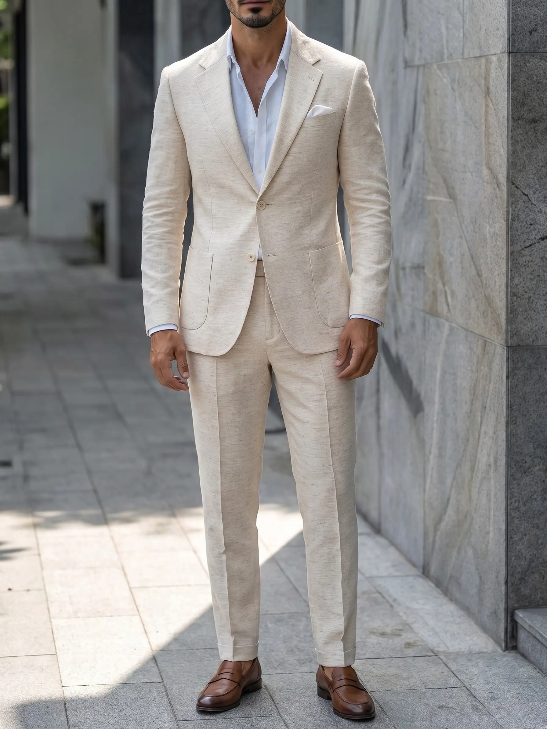 Men's 2-Piece Suit Cotton-Linen Menswear Set with Breathable Blazer Top and Pants for Weddings, Business, Chic, Retro Long Sleeve Beige Light Blue Plain Clothes Formal Wear