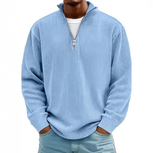 2026 Autumn-Winter New Men's Slim-Fit Polyester Fabric Long-Sleeve Casual Mock Neck Zipper Corduroy Polo Top with Decoration