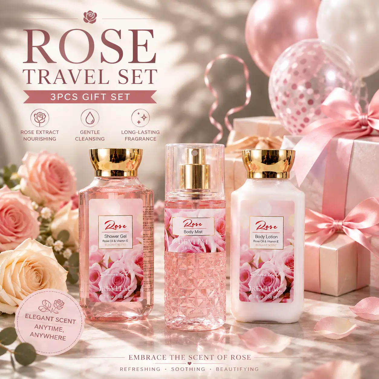 Le vital 3-Piece Rose Bath & Body Care Gift Set with Hydrating Lotion, Shower Gel & Mist - 3oz Travel Size Kit with Pouch, Womens Gifts for Her, Beauty Products, Body Care Products, Self Care Bundle Box, Gift Sets For Women