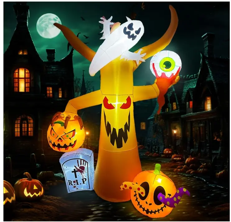 8FT Halloween Inflatables Tree with Ghost Pumpkins Eyeball Tombstone, Scary Inflatable Halloween Decor Outdoor with Built-in LED Lights, Halloween Blow Up Decorations for Yard Garden Lawn