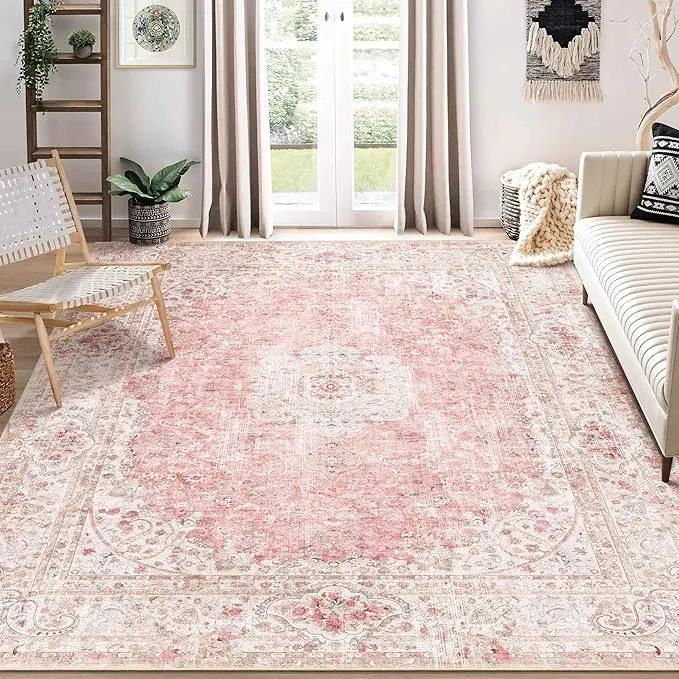 Boho Vintage Printed Area Rug - Elegant, Soft, Non-Slip, Machine Washable, Antique-Inspired Home Decor Rug for Living Room Mat, Bedroom, Machine Washable Rug