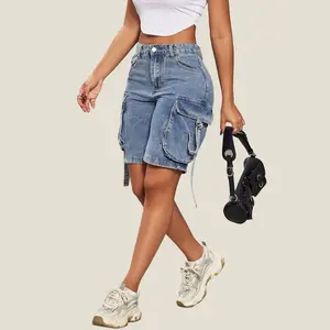 Y2K Street High Waist Flap Pocket Tape Detail Work Cargo Denim Bermuda Wide Leg Jean Shorts Summer Comfy Jorts Blue Casual