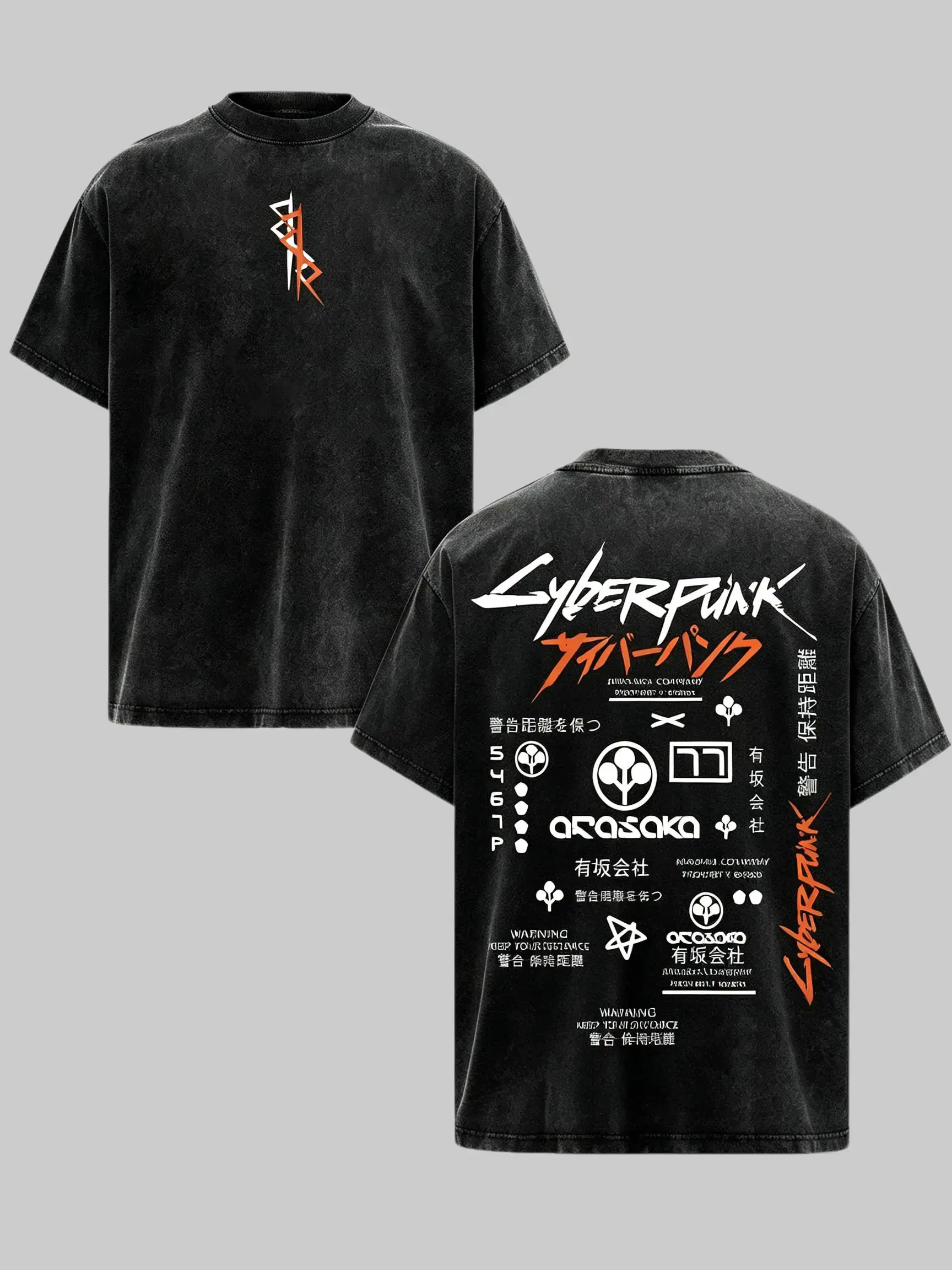 Men's Cyberpunk 2077 Arasaka Graphic Round Neck Short-Sleeve Heavyweight Acid Wash 100% Cotton Boxy Fit Casual Menswear Top, Anime Edgerunners Gaming Streetwear T-Shirt