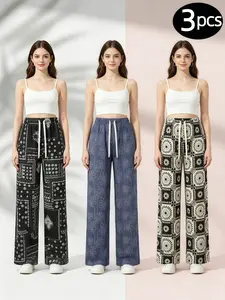 H     3PCS Printed Cooling Wide Leg Pants, Stretchy & Skin-Friendly, Bandana / Floral / Boho Sunflower Prints, Lightweight, Wrinkle-Resistant, Machine Washable, Ideal for Festivals, Loungewear, Yoga & Running, Great Mother’s Day Gift    Womenswear Bottoms