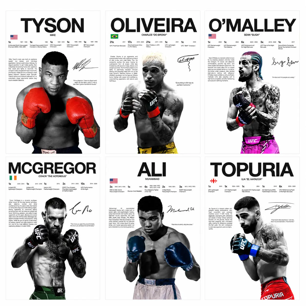 UFC & Boxing Sports Wall Art Poster, Sean O’Malley, Charles Oliveira, Conor McGregor, Ilia Topuria, Mike Tyson & Muhammad Ali Canvas Print, Bedroom, Sports Room, Office Decor