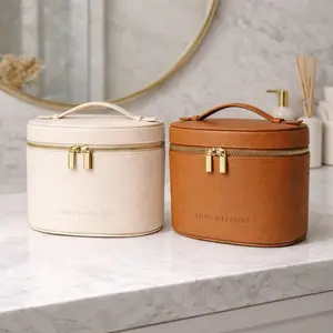 Makeup Bag Bundle - Cream & Tan Leather Travel Cases with Gold Zipper for Cosmetics Storage - Elegant Design