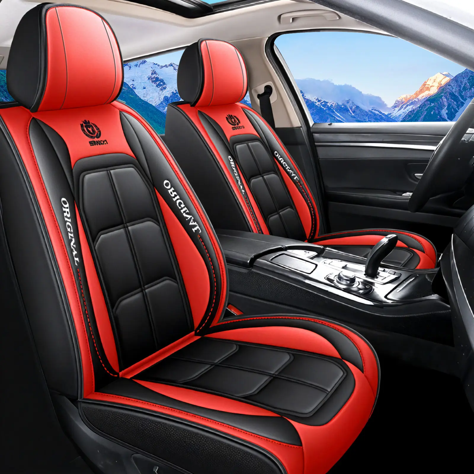OTOEZ Universal 1/2/5 Seats Car Seat Covers Full Set in Black & Red PU Leather Fit for Most Cars & SUVs Waterproof Protection with Storage Pockets luxury