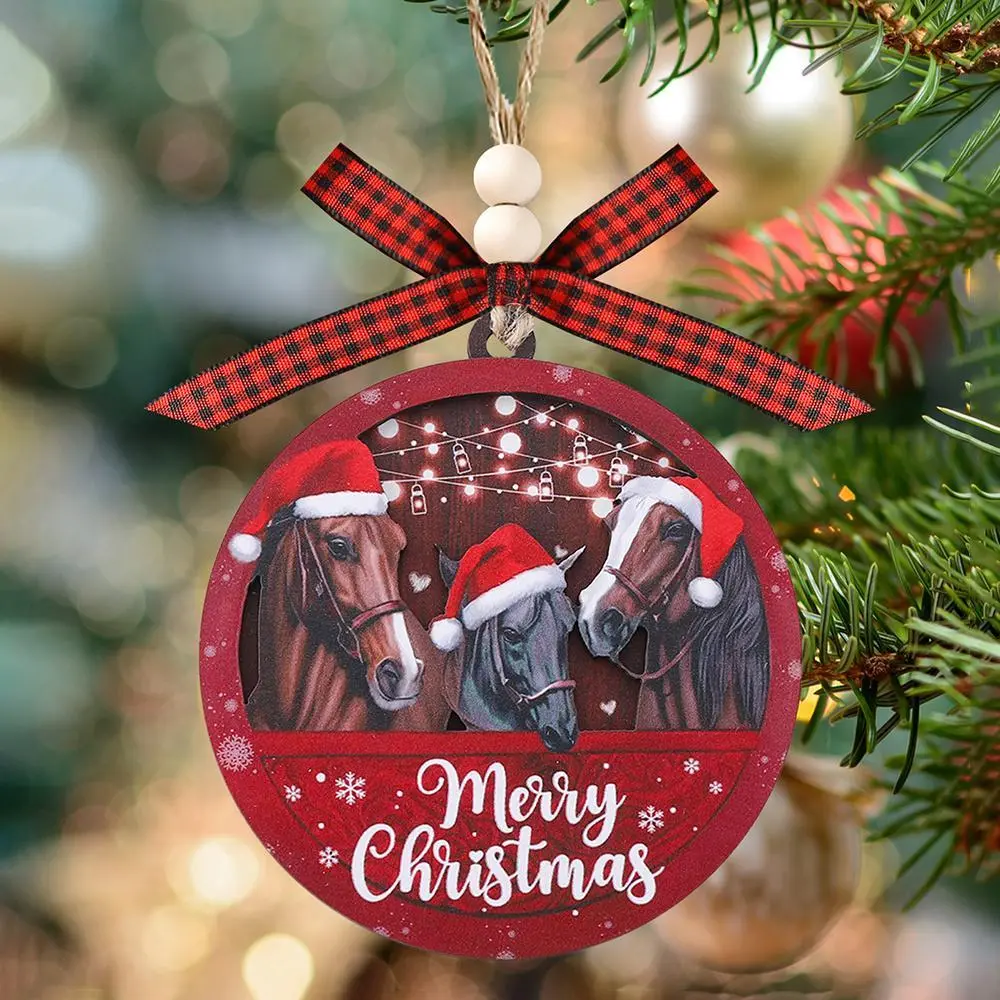 Merry Christmas Farmhouse Horses Ornament, 3D 2 Layer Wooden Ornament, Farmhouse Christmas Ornaments, Christmas Tree Hanging Holiday Decoration, Horse Decor Rustic Farm Christmas Ornament, Christmas Holiday Party Home Ornament, Horse Ornament Gift