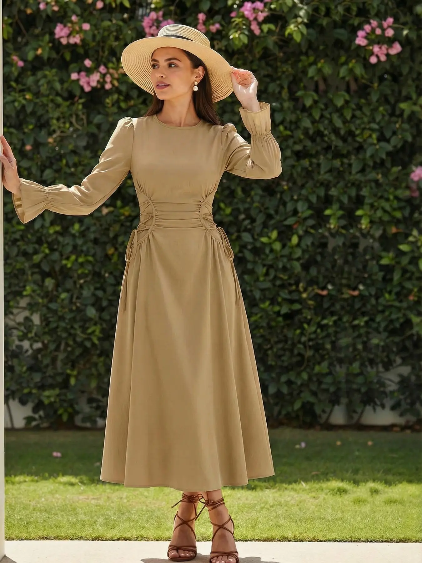 Women's Korean High-End Slim Fit Midi Dress, Long Sleeve Floral Commuter  Style, Elegant Chic Lettuce Trim, All Seasons Fashion - TikTok Shop