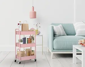 Pink 3-Tier Expandable Metal Rolling Storage Cart - 3-Tier, Adjustable, Configurable, Clutter-Free Indoor Utility Cart with Lockable Wheels, Mesh Shelves, Heavy-Duty Mobile Organizer for Nursery, Kitchen, Tool-Free Easy Assembly, 3-Tier Utility Carts, Adj