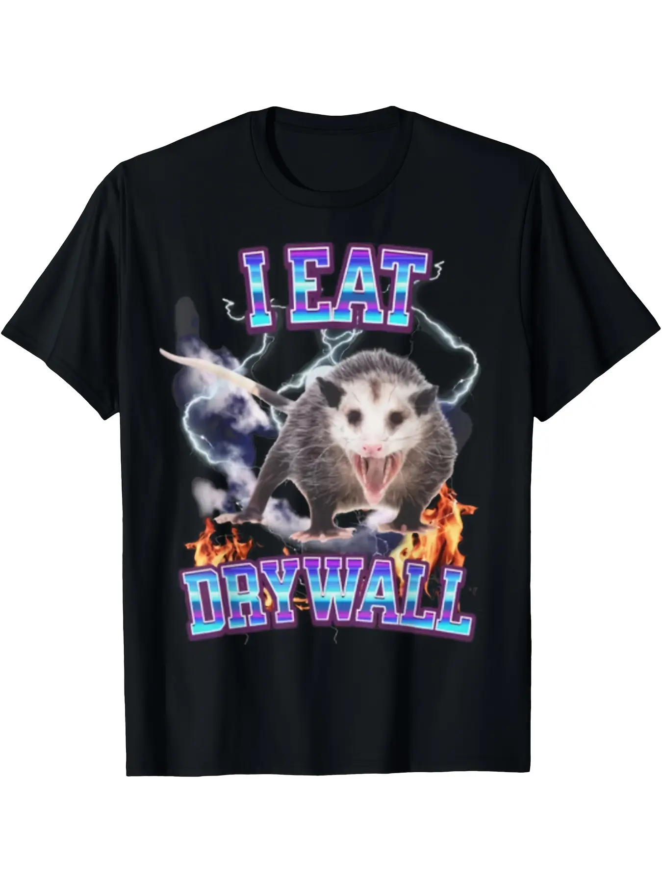 Weird Core Eating Drywall Possum Graphic Black Tee for Men, Everyday Casual Loose Fit Top with Vintage Grunge Vibe, Machine Washable Meme Shirt for Daily Wear or Retro Layering Style,Chicken,Print,Crew Neck T-shirt,purple,rain,Layered,Crop,Cardigan