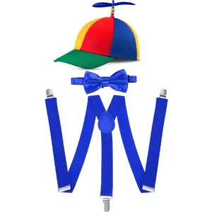 Adult Rainbow Propeller Clown Hat Set, Detachable Bow Tie, Adjustable Y-Strap, Halloween Party Costume Accessory, 3-Piece Carnival Kit