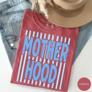 Comfort Colors Motherhood And Striped T Shirt, Preppy Mama Mother Day Tshirt Gift For Mom, Unisex Casual Graphic Tee