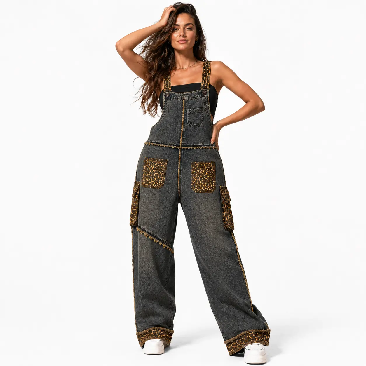 Flooo Women’s Leopard Print Patchwork Denim Overalls – Oversized Wide Leg Baggy Jumpsuit with Cargo Pockets, Distressed Raw Seams & Adjustable Straps