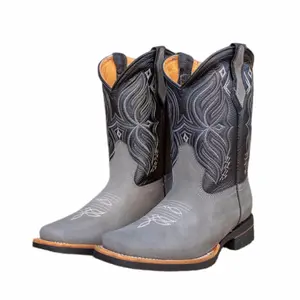 Men Gray Suede-Leather cowboy western rodeo square toe boots/Botas Vaqueras Color Gris