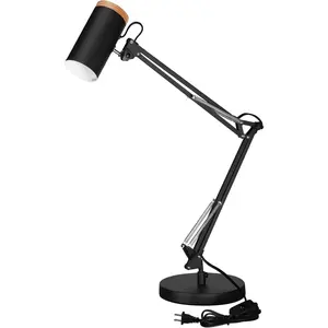 TORCHSTAR Adjustable Tall Swing Arm Desk Lamp with Wooden Accent, E26 Base Metal Task Lamp, Black