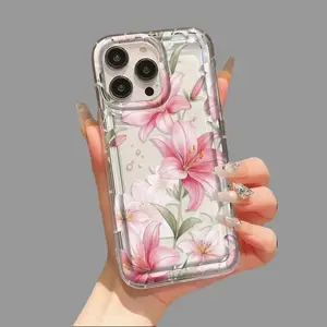 Elegant Blush Pink Lily Floral Clear TPU Case for iPhone 11,12,13,14,15,16,17 Air Pro Max - Airbag Shockproof, Raised Lens Protection, Slim Design trendy protective cover