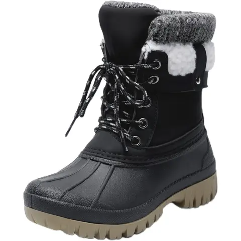 SHOESLOCKER Boys' Winter Snow Boots - Black PVC Material, Waterproof, Warm, Anti-Slip, Faux Fur Lined, Round Toe; Men's Wide Slip-On Loafers with Arch Support; Women's Western Cowboy Boots