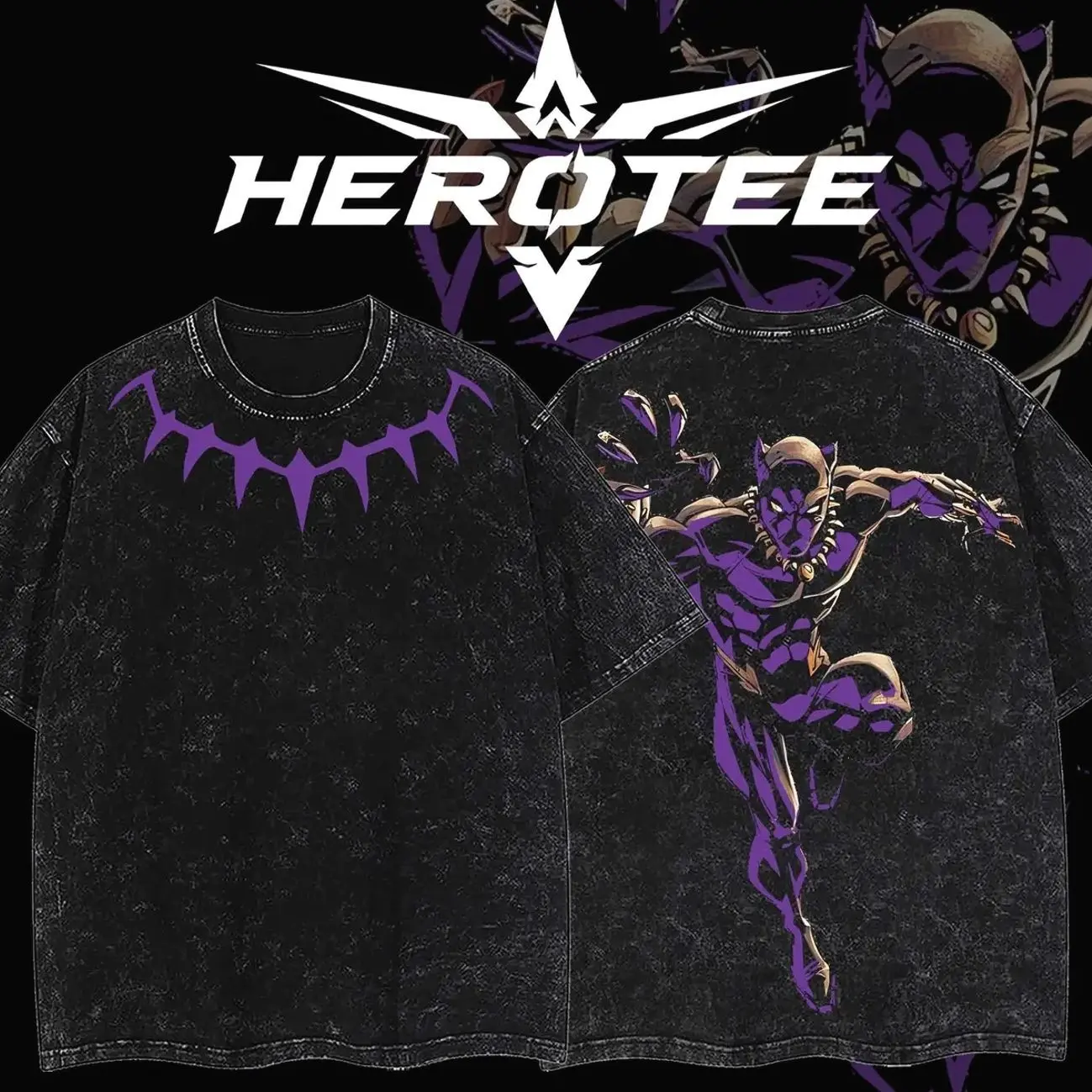 [ Hero Tee ] Panther "T’Challa" King of Wakanda ss1 Superhero MCU Comics Edition Double Printed Oversize Lightweight Acid Washed Tee Hoodie Sweater TV Series Graphic Design Top Cotton Streetwear Comic Superheroes T-Shirt Clothes Menswear Womenswear GJ6