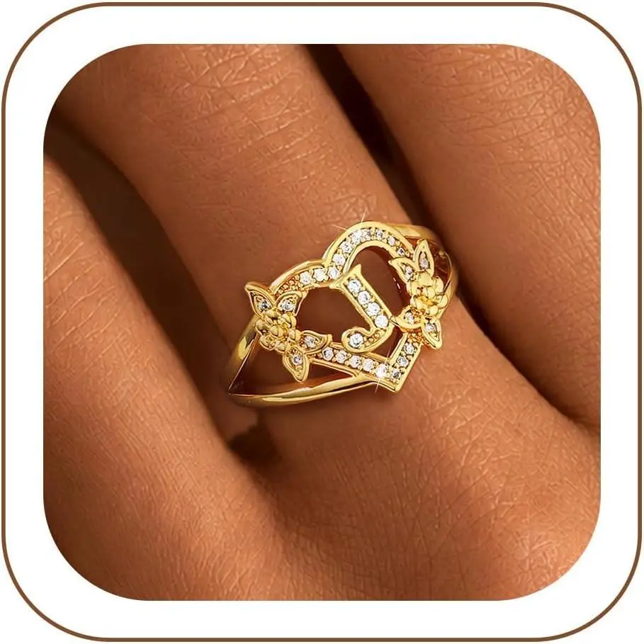 ZOERAY Initial Gold Rings for Women Non Tarnish Dainty 14K Gold Plated Vintage Statement Heart Ring Cute Letter A-Z Carved Cubic Zirconia Stackable Thumb Rings Sizes 6-10 Personalized Jewelry Gifts