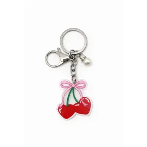 Cherry Keychain with Pink Ribbon Bow and a Pearl Charm – Clear Acrylic Charm