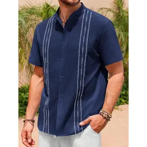 Men's Guayabera Shirt Short Sleeve Linen Cotton Button Down Mexican Embroidered Cuban Wedding Summer Top