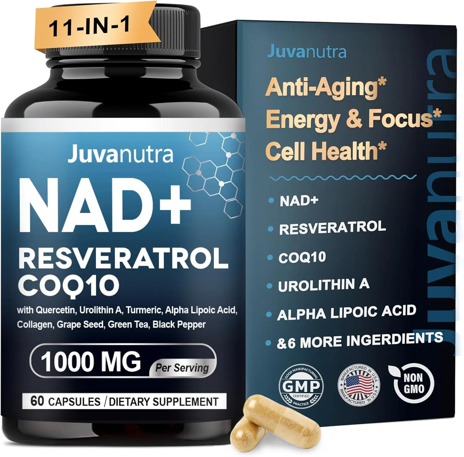 Liposomal NAD Supplement with Resveratrol CoQ10 Urolithin A ALA and Turmeric 11 in 1 Extra Strength Cellular Repair and Energy Boost Anti Aging Antioxidant Formula for Memory Focus and Brain Support Men Women 60 Capsules