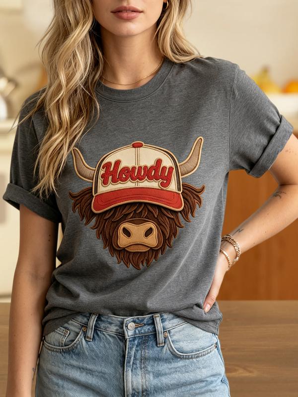 Women's Fitted Pure Cotton Comfortable Fabric V-Neck Short Sleeve Graphic Print Tee - 'Howdy' & Western Cattle Skull Designs, Breathable Casual Tshirt for the Beach, Matching Womenswear Top