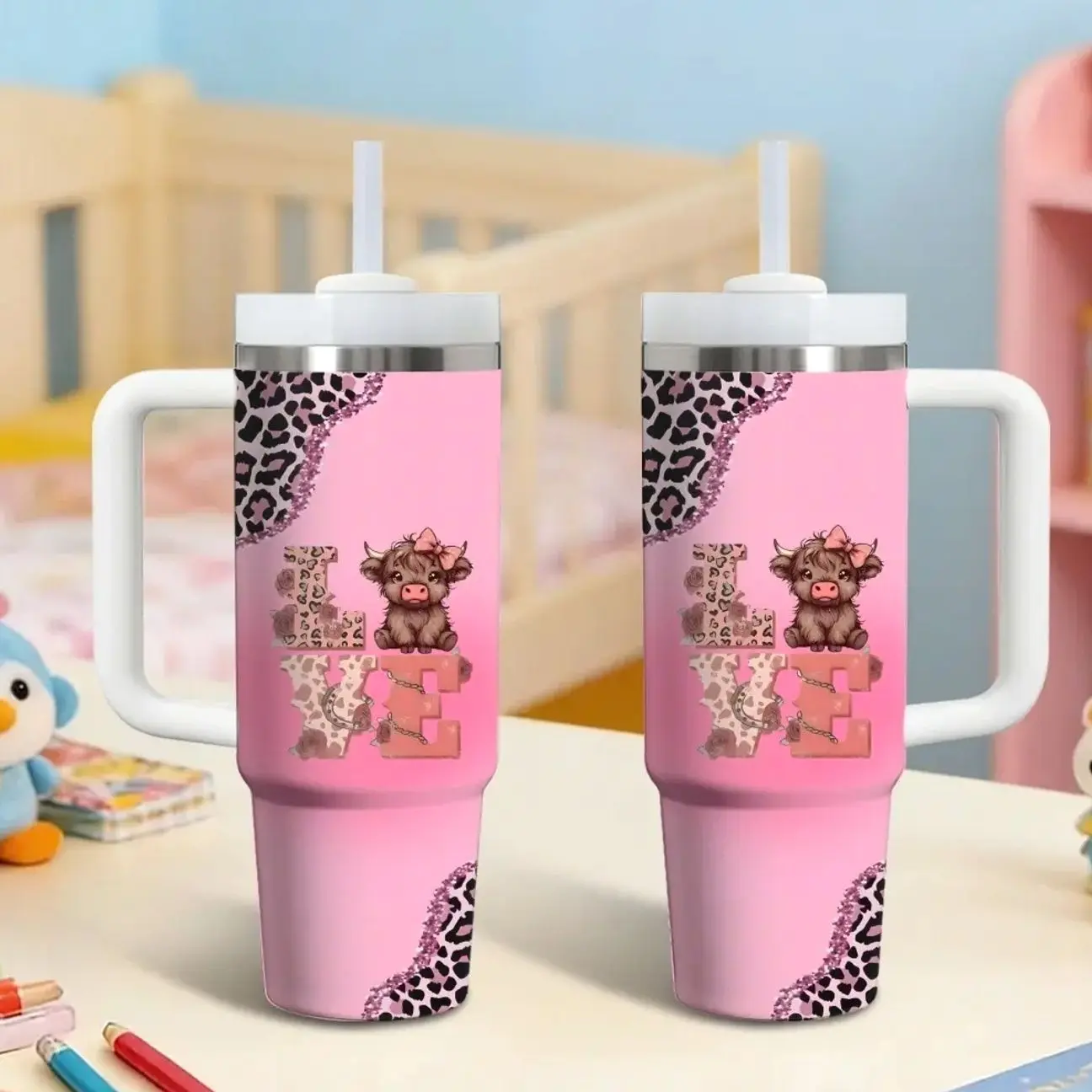 Western Girly Highland Cow Vacuum Flasks 40oz Stainless Steel Vacuum Insulated Tumbler with Handle and Straw - Leak Resistant Travel Coffee Mug - Keeps Cold for 24 Hours - Cupholder Friendly Water Cup Insulated Travel Drinkware for Gym and Office