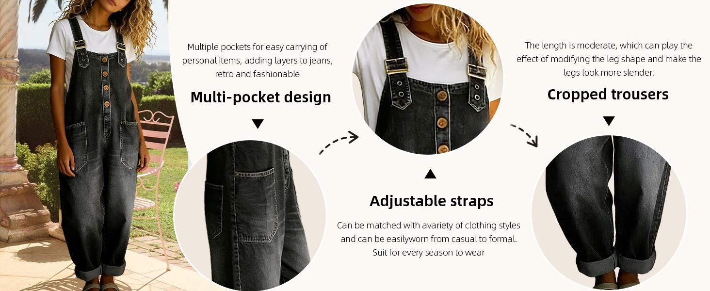 Chouyatou Vintage Loose Wide Leg Jean Bib Overalls Women’s Y2K Button Front Denim Overall Pants One-Piece Romper Jumpsuit