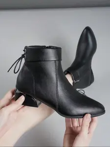 Women's Pointed Toe Bowknot Decorative Short Boots, Metal Plated Shiny Thick Heel Zipper Ankle Booties for Women Rubber