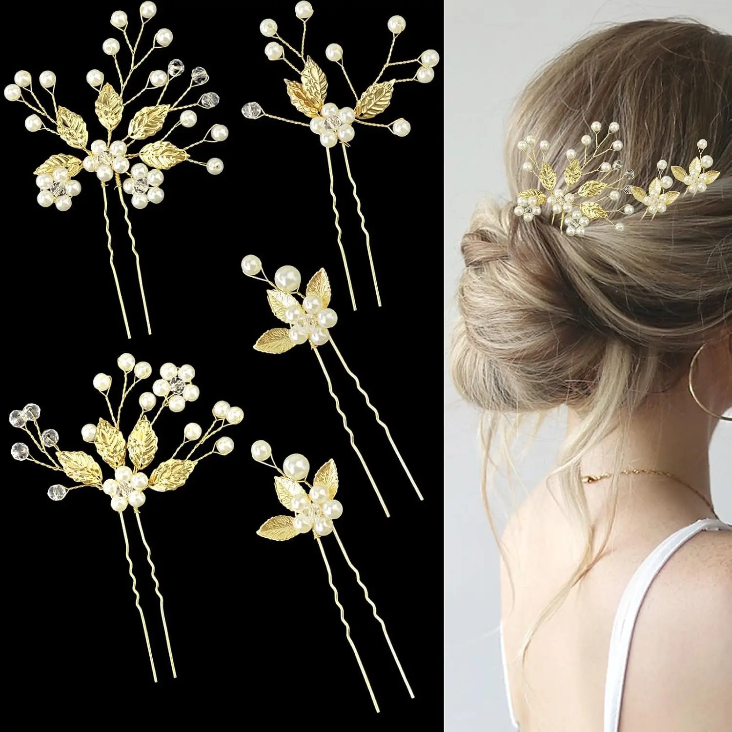 5 Pieces Bride Hair Pins Pearl Bridal Hair Piece for Women Sparkly Gold Leaf Crystal Hair Accessories for Bride Bridesmaids Flower Girls(Gold) LAPOHI
