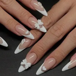 24pcs Modern Elegance White French Almond Press-On Nails And Stylish Simplicity Fake Nail Charms- Perfect Gift For Trendy Women And Girls Nail Supplies Nail Art