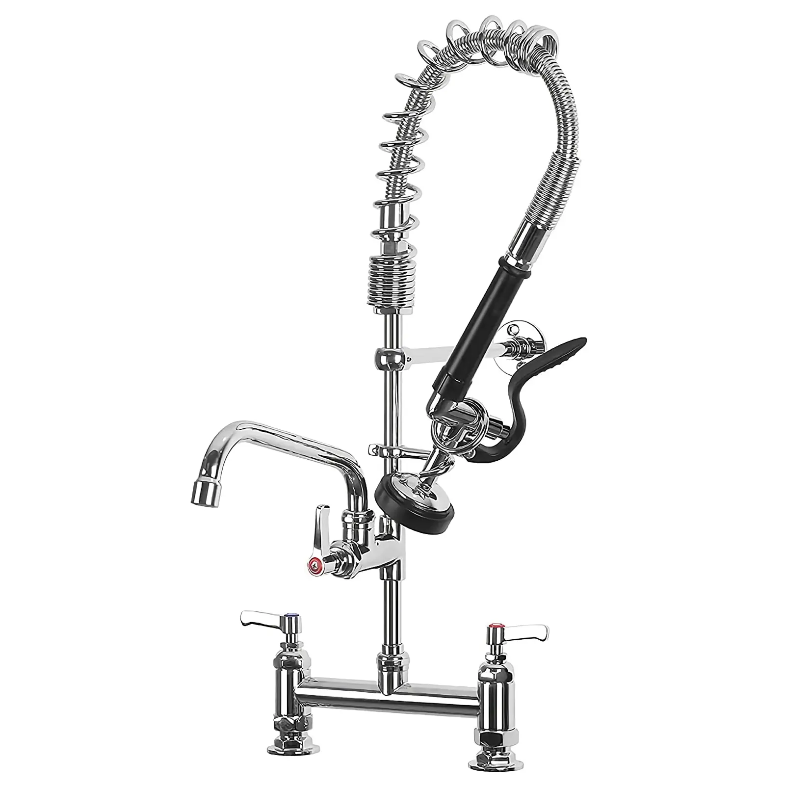 Commercial Kitchen Faucet Deck Mount with Pre-Rinse Sprayer 26inch Height Kitchen Sink Faucet 8 Inch Center with Swing Spout Faucet & Coiled Spring Pull Down Spray Chrome