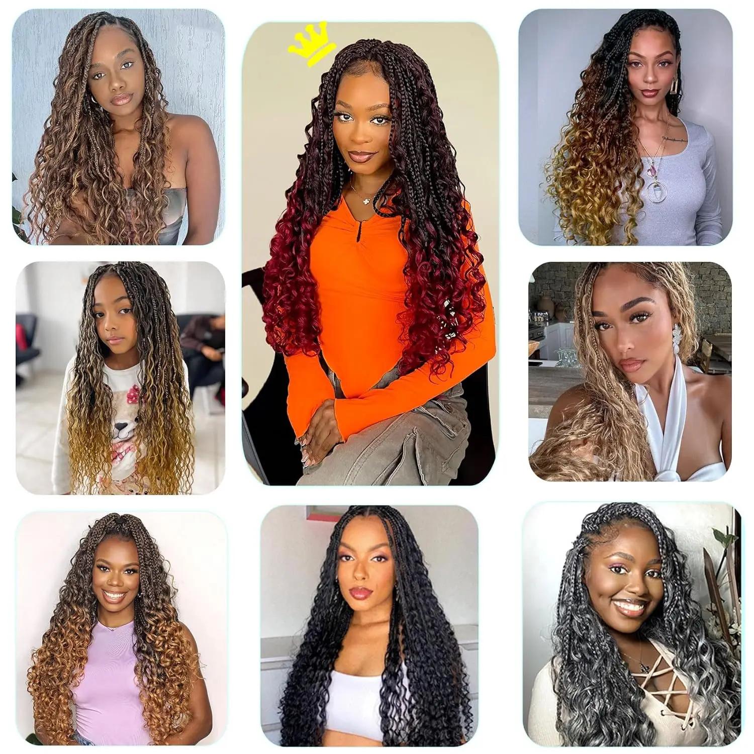 Goddess Boho Box Braids Crochet Hair With Curly Ends 1PCS Synthetic Pre Looped Crochet Box Braiding Hair Extensions for Women