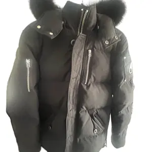 Moose Knuckle Winter Coat with Front Zipper Closure, Hooded Design, and Button Detailing