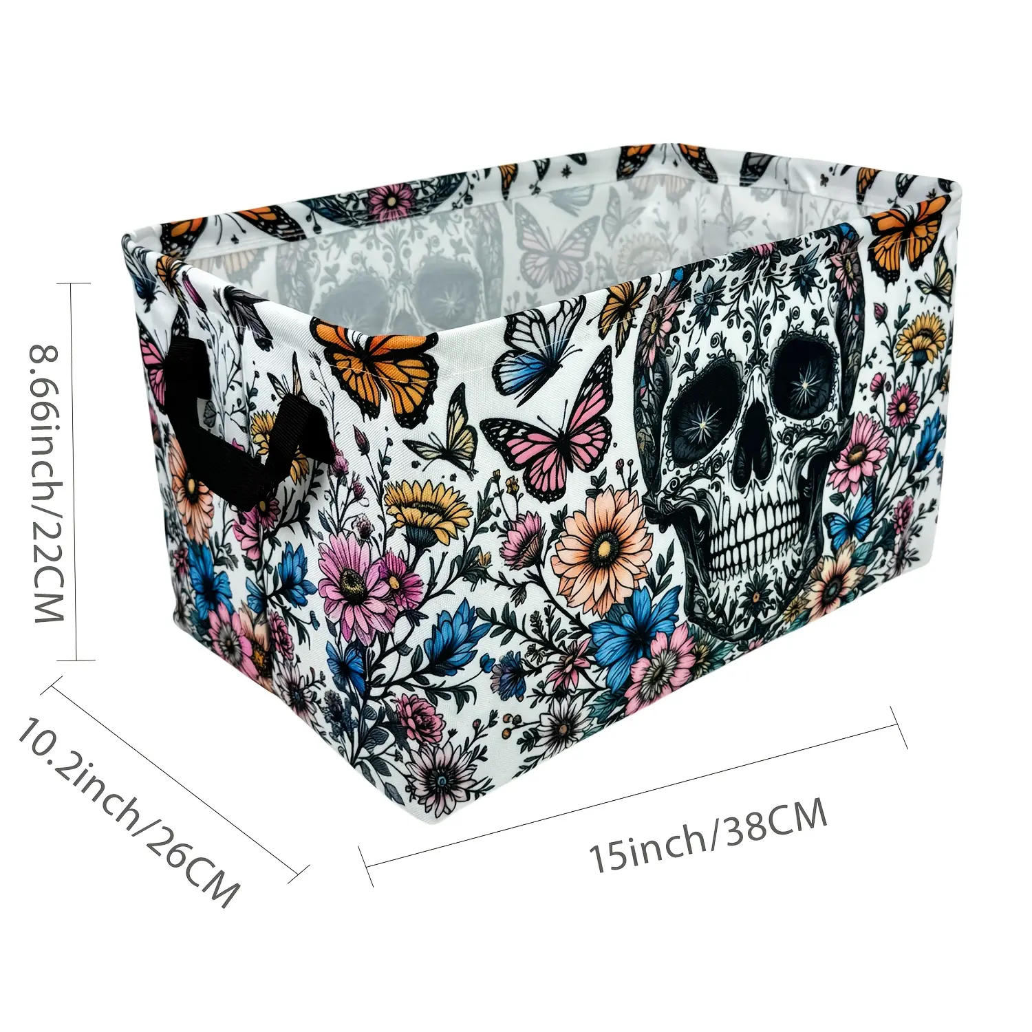 2pcs Halloween White with Black Flowers Skull Pattern Storage Basket, Large Capacity Easy to Fold, Wear-resistant Oxford Cloth, Bathroom Organizers And Storage, Household Items, Laundry Hamper, Halloween Day Gift, Birthday Gift, Laundry Baskets